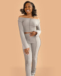 front view of gray womens loungewear matching set